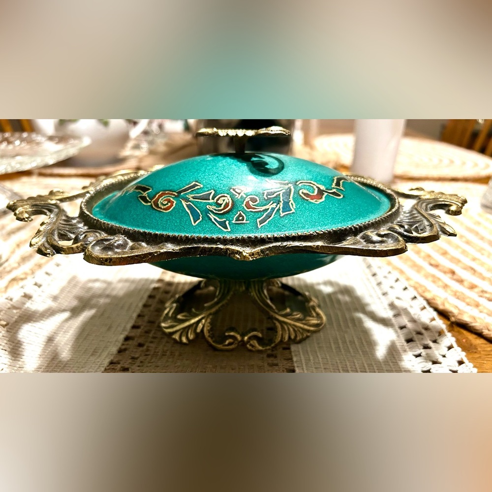 Ornate Israel Teal and Gold Decorative Dish